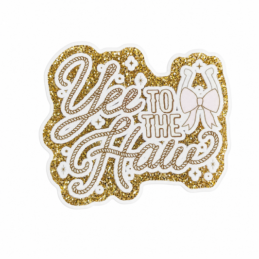 Yee To The Haw plastic add-on featuring western lettering, cowgirl boots, bow details, and a glitter-inspired design, compatible with interchangeable badge reel bases.