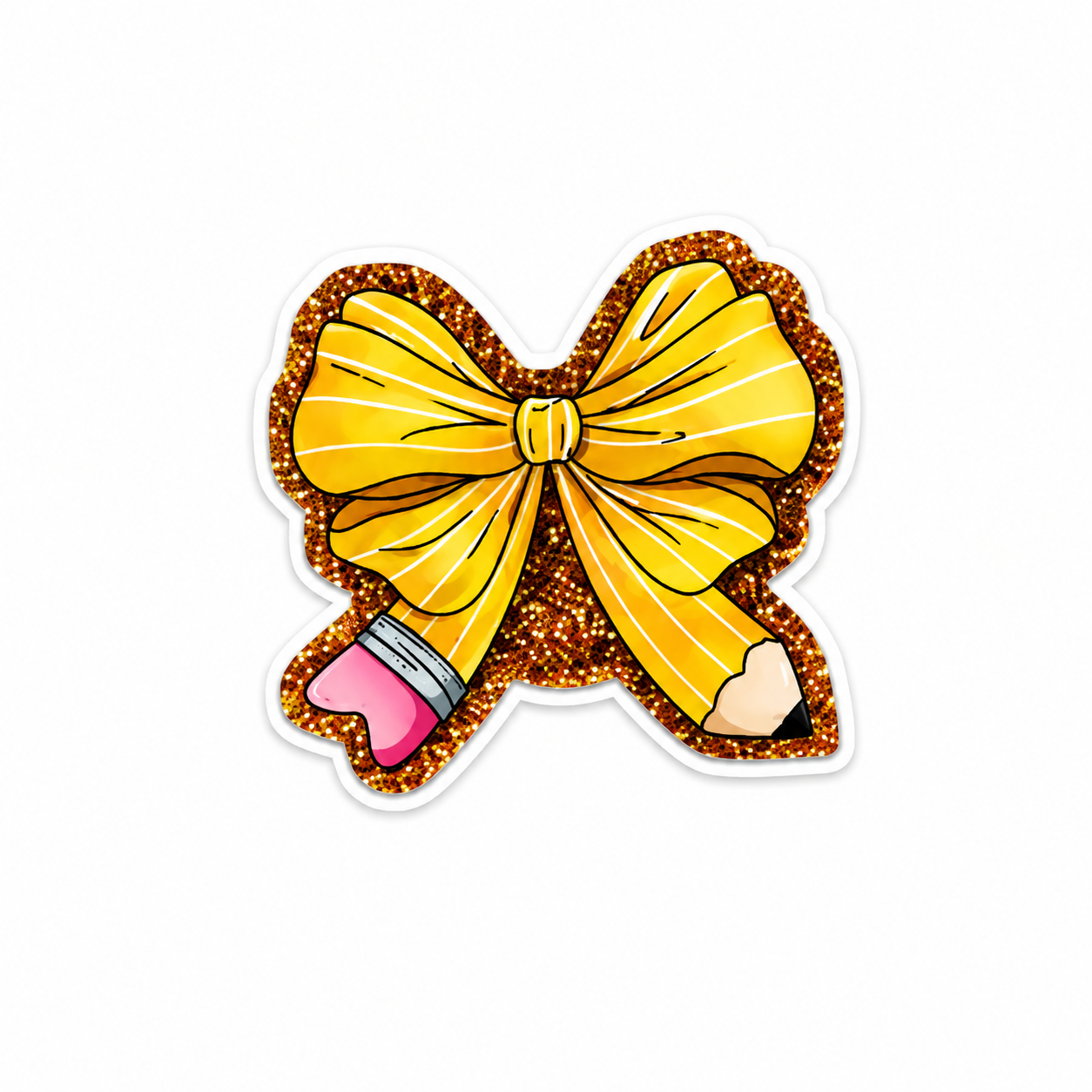 Yellow teacher bow plastic add-on with glitter details and pencil accents compatible with interchangeable badge reel bases
