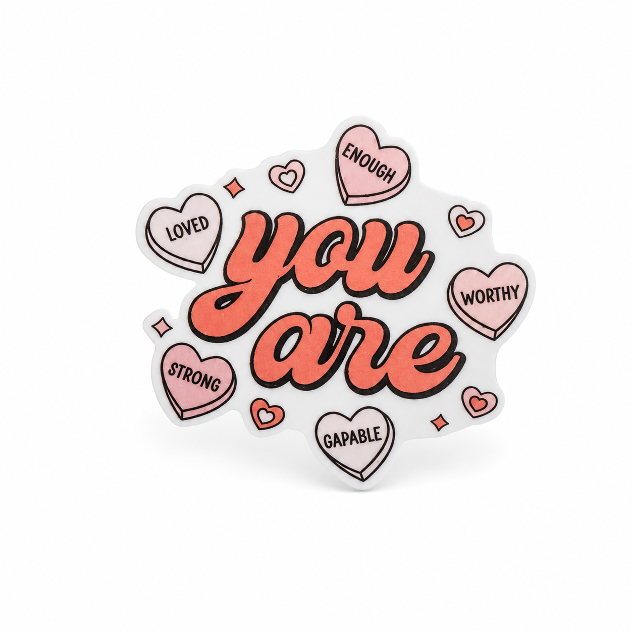 You Are Enough plastic add-on with LOVED, ENOUGH, WORTHY, STRONG, and CAPABLE heart messages, compatible with interchangeable badge reel bases
