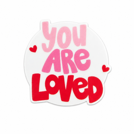 You Are Loved plastic add-on featuring pink and red inspirational text with heart accents, compatible with interchangeable badge reel bases and perfect for positivity and mental health support.