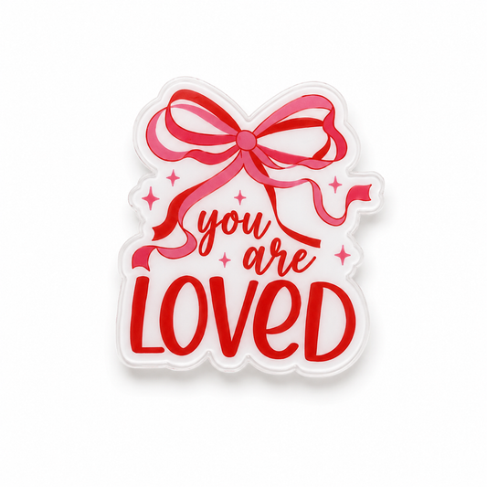You Are Loved plastic add-on for compatible interchangeable badge reel bases with pink bow Valentine design