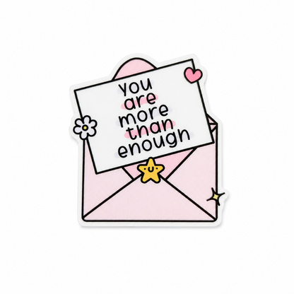 You Are More Than Enough plastic add-on featuring a pink envelope, flower, star seal, and uplifting affirmation compatible with interchangeable badge reel bases