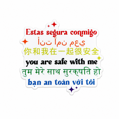 You Are Safe With Me plastic add-on featuring the phrase in multiple languages, compatible with interchangeable badge reel bases and designed as a healthcare badge accessory that promotes inclusivity and patient comfort