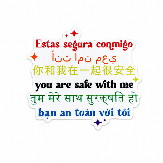 You Are Safe With Me plastic add-on featuring the phrase in multiple languages, compatible with interchangeable badge reel bases and designed as a healthcare badge accessory that promotes inclusivity and patient comfort