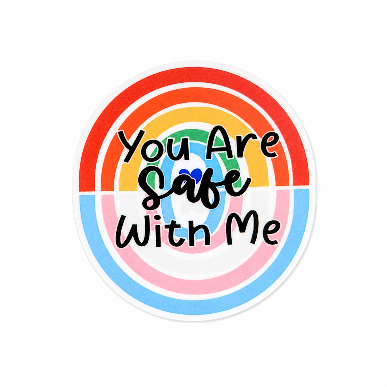 You Are Safe With Me plastic add-on with pastel rainbow design, compatible with interchangeable badge reel bases, mental health accessory.