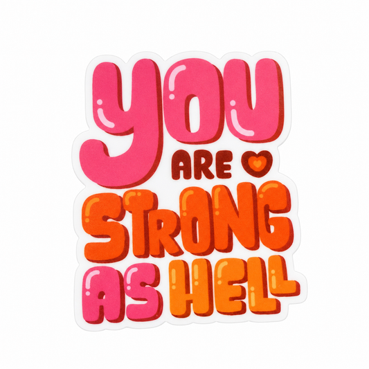 YOU ARE STRONG AS HELL plastic add-on with bright retro pink and orange lettering, compatible with interchangeable badge reel bases.