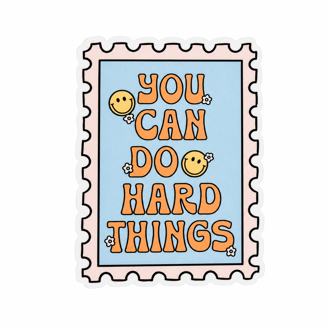 YOU CAN DO HARD THINGS plastic add-on with stamp-style frame, smiley faces, and motivational design, compatible with interchangeable badge reel bases.