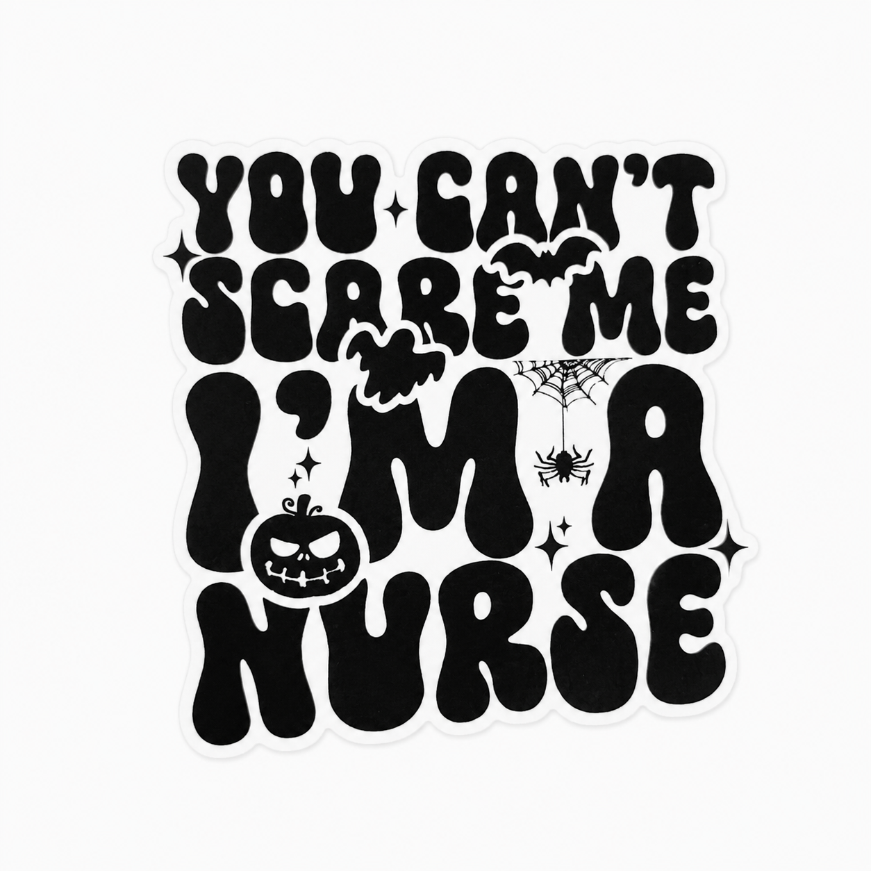 YOU CAN’T SCARE ME I’M A NURSE plastic add-on with bats, jack-o’-lantern, and spiderwebs, compatible with interchangeable badge reel bases.