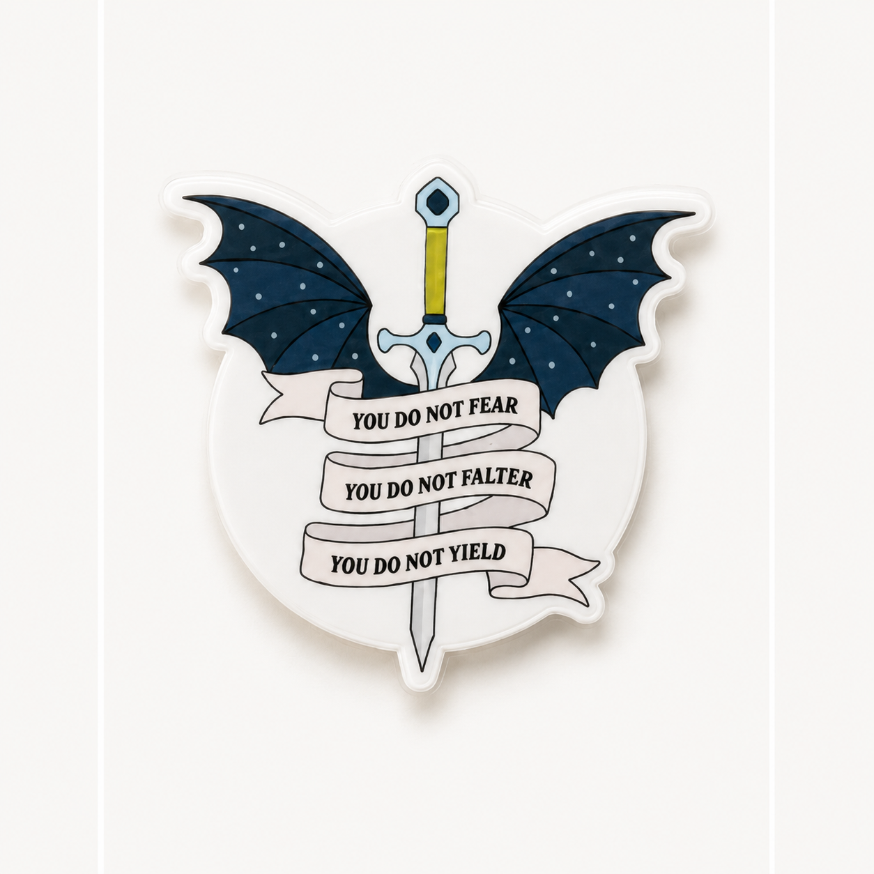 Fantasy quote plastic add-on with dragon wings and sword design for compatible interchangeable badge reel bases