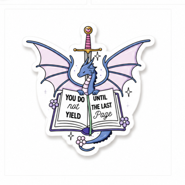 Fantasy dragon and book plastic add-on with “You Do Not Yield Until The Last Page” design for compatible interchangeable badge reel bases