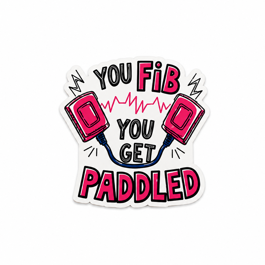 You Fib You Get Paddled plastic add-on with pink defibrillator paddles and heartbeat design, made as a funny emergency medicine work accessory compatible with interchangeable badge reel bases