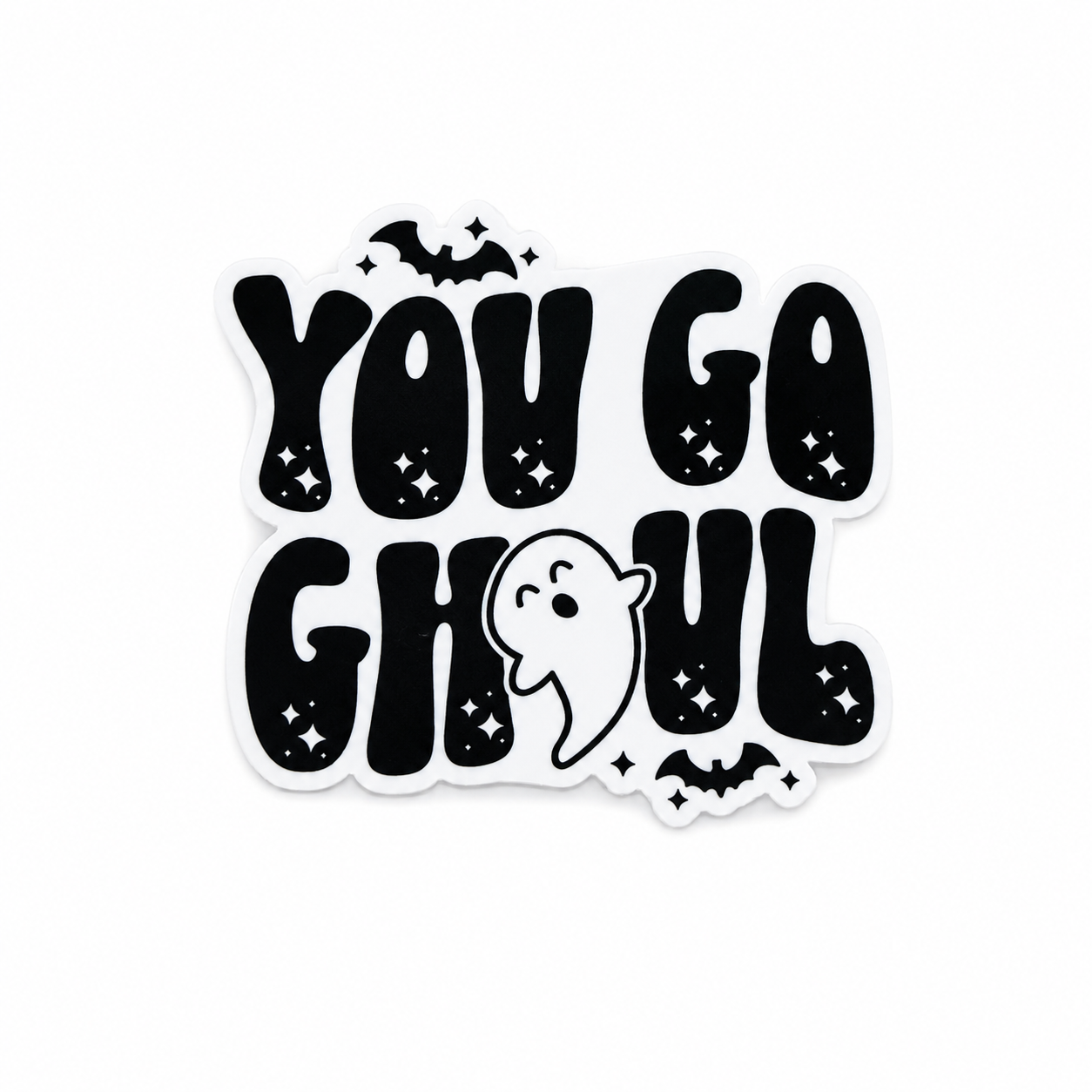 You Go Ghoul plastic add-on with black glitter-style lettering, ghost, bats, and stars, compatible with interchangeable badge reel bases
