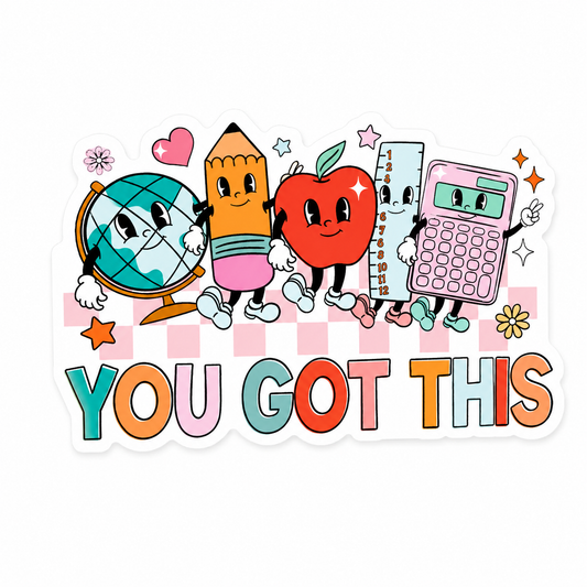 YOU GOT THIS plastic add-on with school supplies, globe, apple, pencil, ruler, and calculator, compatible with interchangeable badge reel bases.