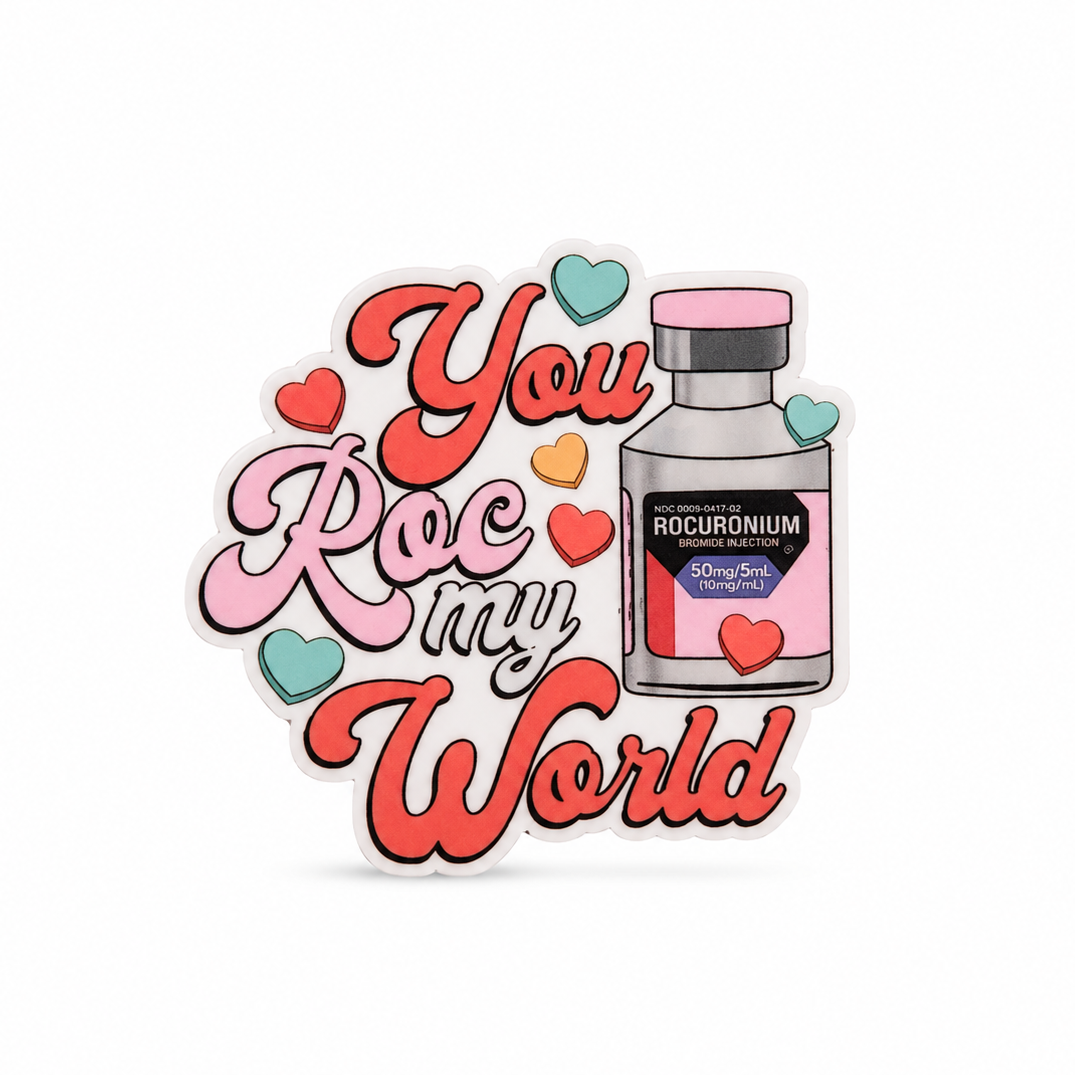 You Roc my World plastic add-on with a rocuronium vial and colorful hearts, compatible with interchangeable badge reel bases for anesthesia and OR staff.