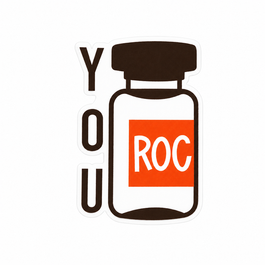 YOU ROC plastic add-on featuring a Roc medication vial design, compatible with interchangeable badge reel bases for anesthesia and respiratory therapy professionals.