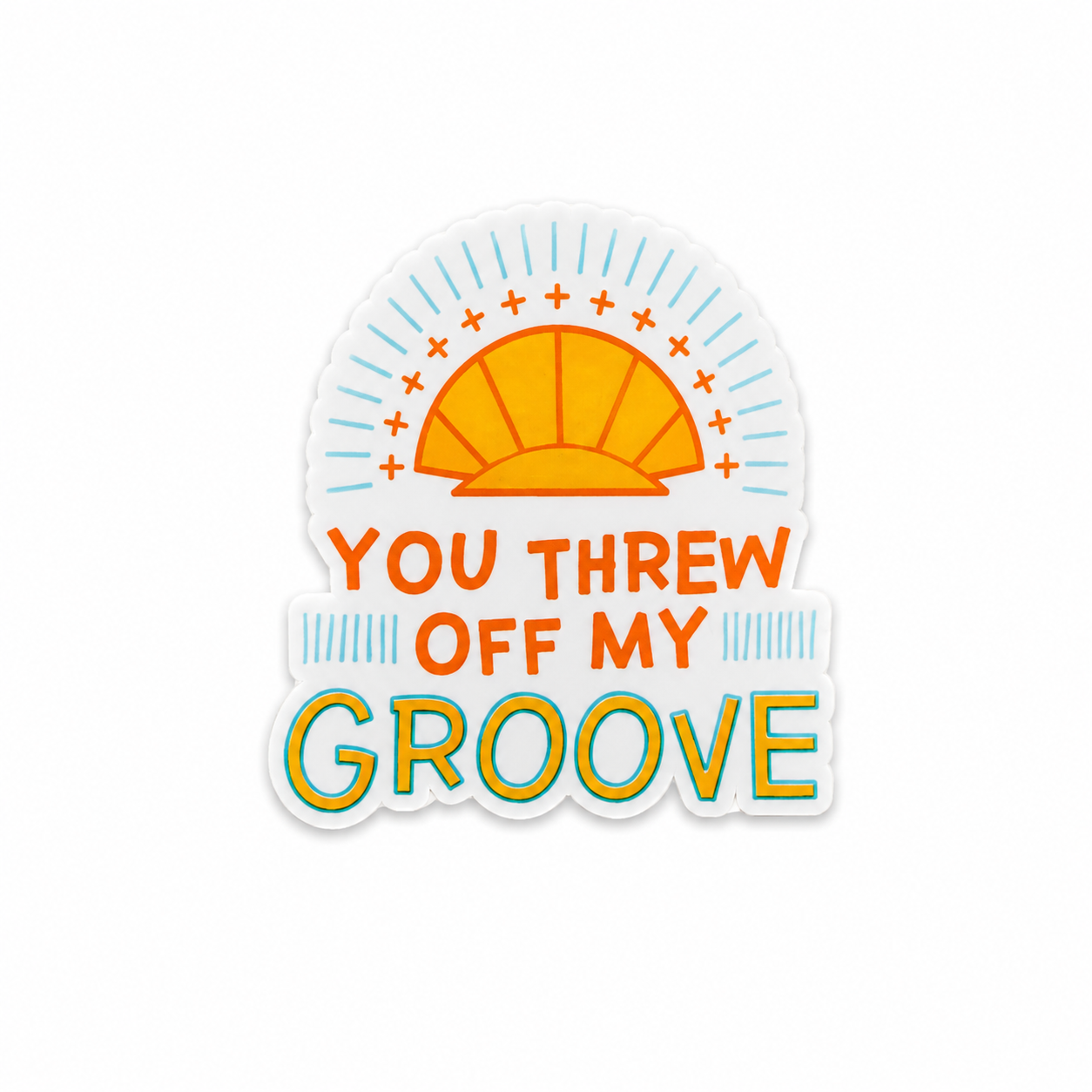 Retro sunshine plastic add-on with “You Threw Off My Groove” text compatible with interchangeable badge reel bases for nurses and healthcare workers.