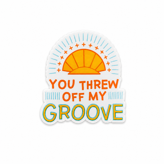 Retro sunshine plastic add-on with “You Threw Off My Groove” text compatible with interchangeable badge reel bases for nurses and healthcare workers.