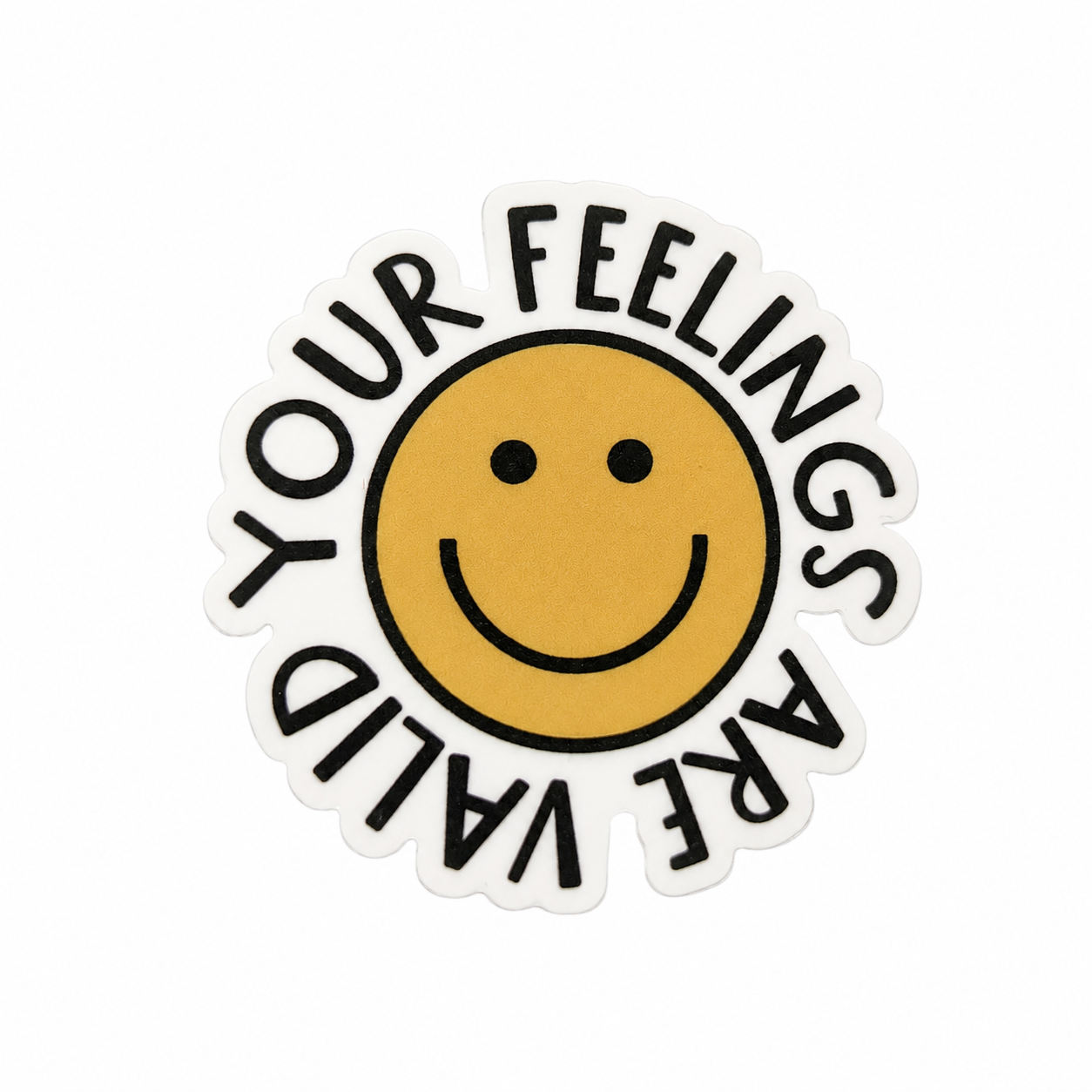 YOUR FEELINGS ARE VALID plastic add-on with yellow smiley face, mental health accessory compatible with interchangeable badge reel bases.