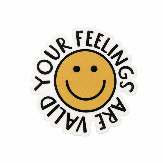YOUR FEELINGS ARE VALID plastic add-on with yellow smiley face, mental health accessory compatible with interchangeable badge reel bases.