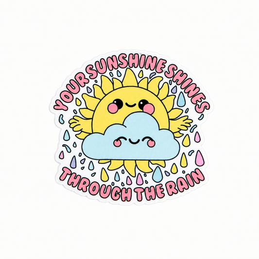 YOUR SUNSHINE SHINES THROUGH THE RAIN plastic add-on featuring a smiling sun, happy cloud, and colorful raindrops, compatible with interchangeable badge reel bases, inspirational positive vibes accessory