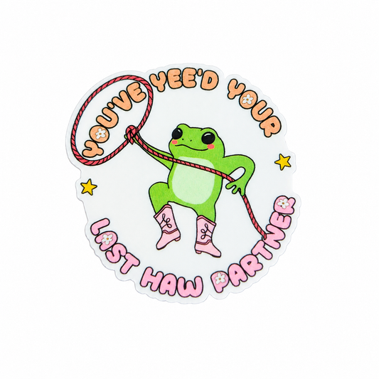 You've Yee'd Your Last Haw Partner plastic add-on featuring a cute frog wearing pink cowboy boots and holding a lasso, compatible with interchangeable badge reel bases, funny western animal accessory