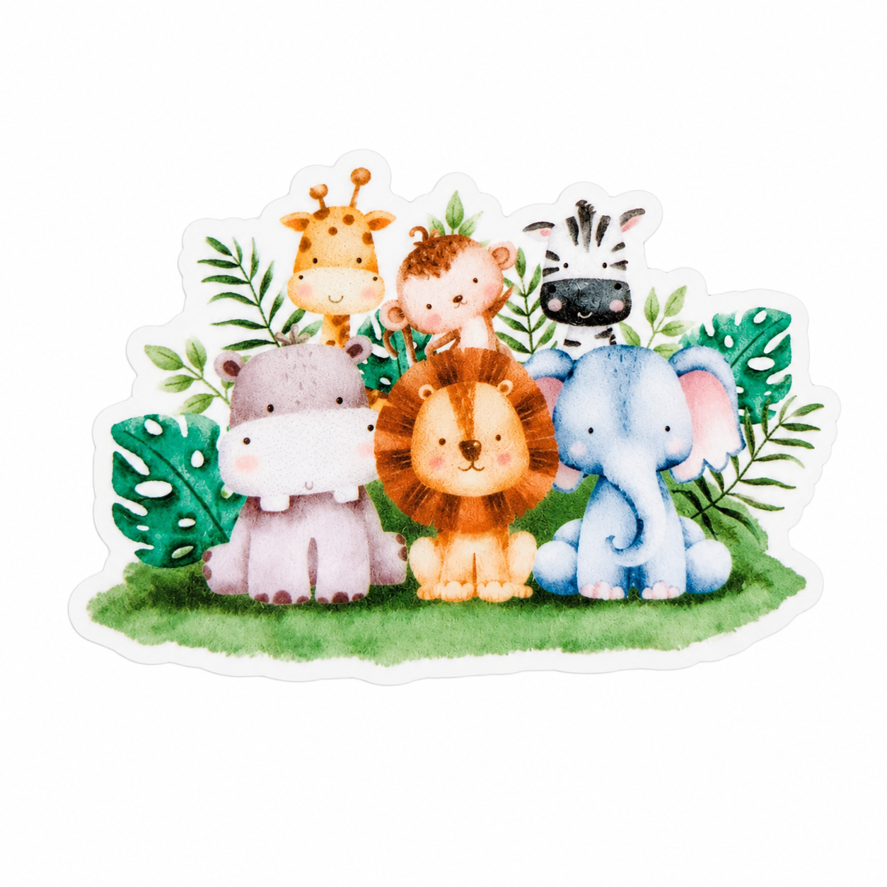 Zoo animals plastic add-on with giraffe, monkey, zebra, hippo, lion, and elephant, compatible with interchangeable badge reel bases for pediatric nurse accessory.