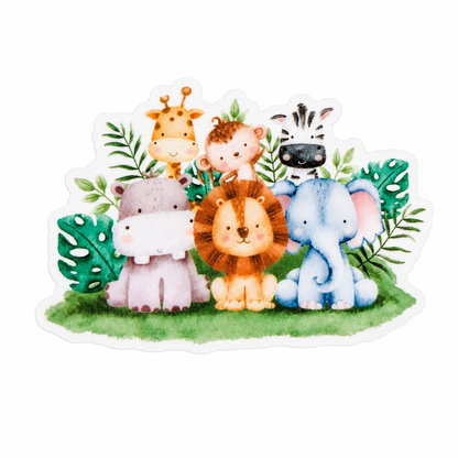 Zoo animals plastic add-on with giraffe, monkey, zebra, hippo, lion, and elephant, compatible with interchangeable badge reel bases for pediatric nurse accessory.