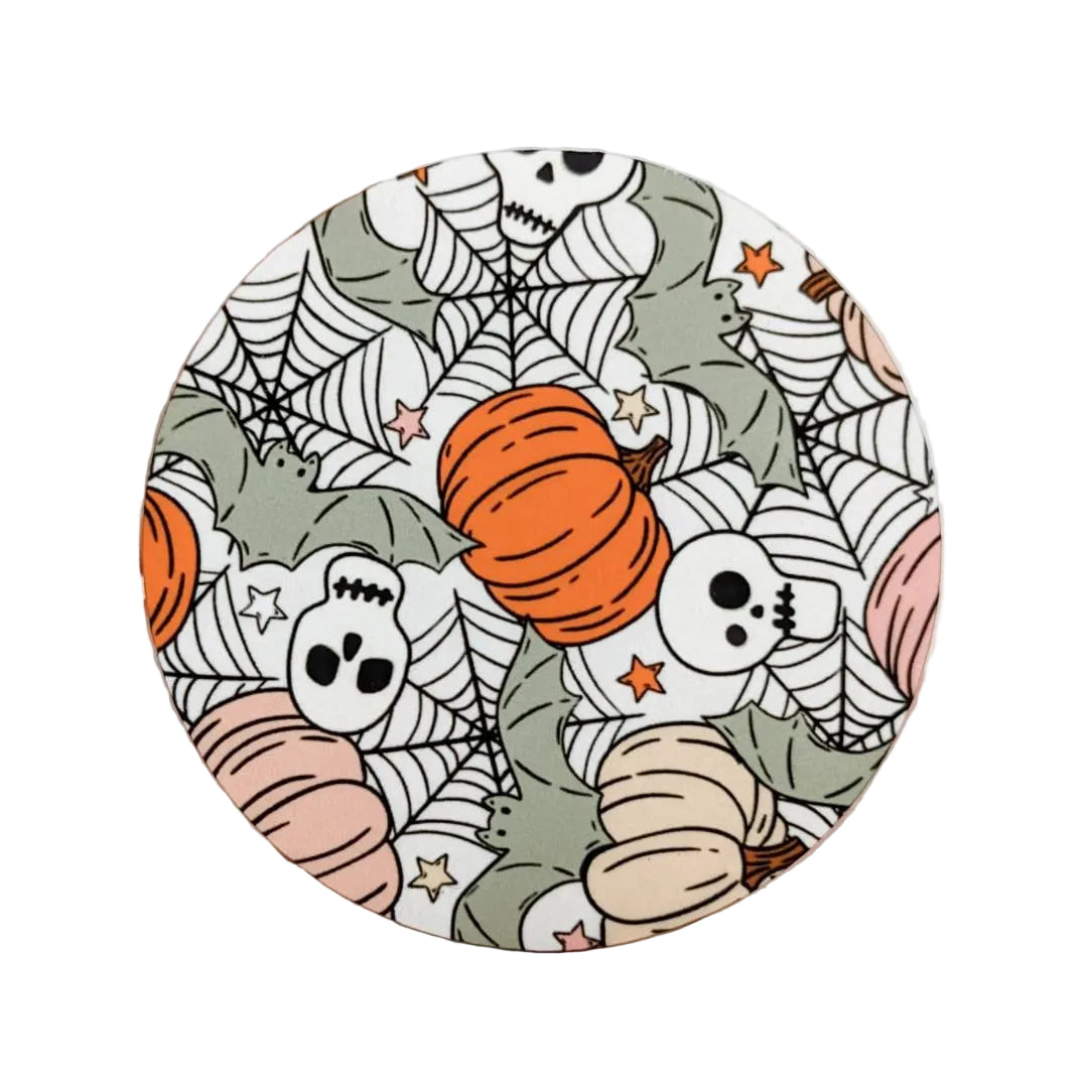 Bat Spiderweb Pumpkin hard board add-on featuring pumpkins, ghost skulls, spiderwebs, bats, stars, and fall leaves, compatible with interchangeable badge reel bases.