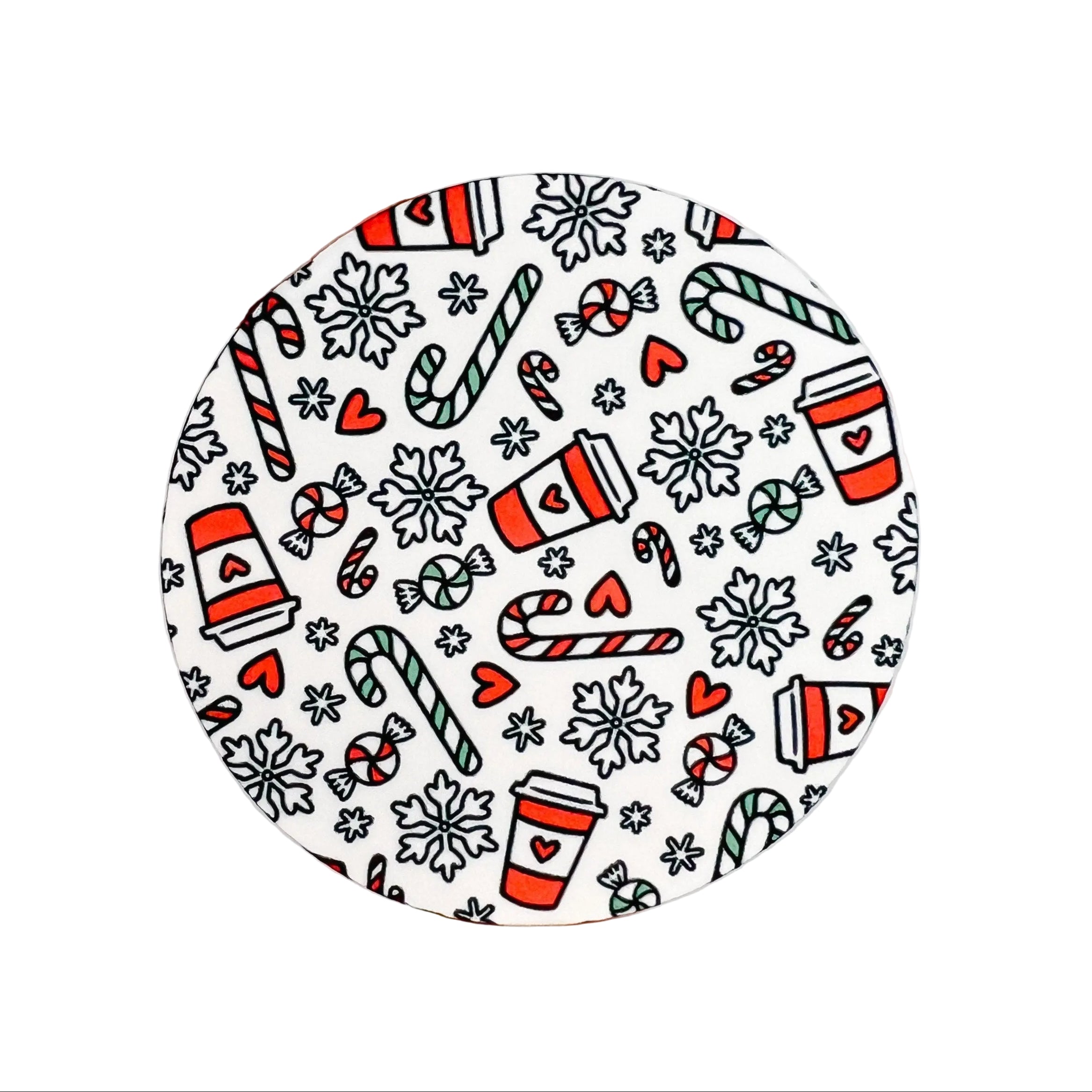 Christmas candy cane coffee hard board add-on featuring peppermint candies, festive cups, snowflakes, hearts, and stars, compatible with interchangeable badge reel bases.