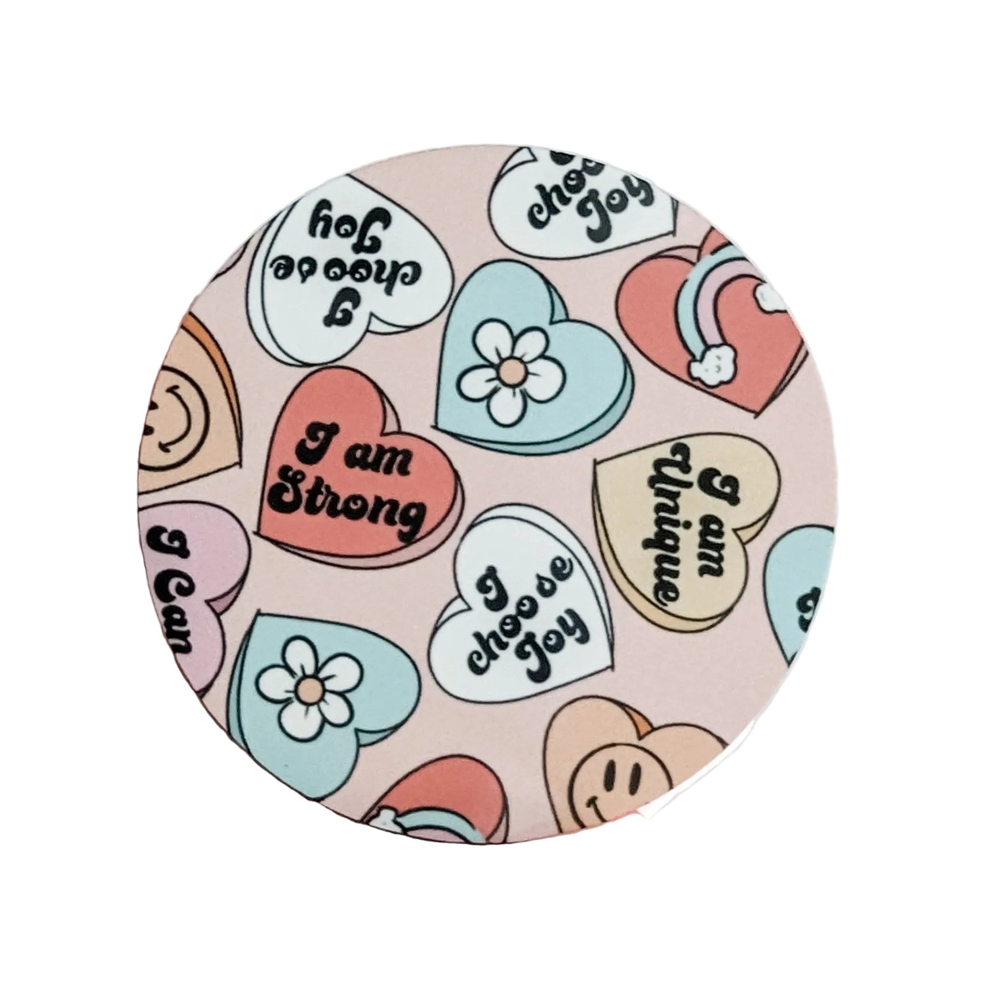 Conversation Heart hardboard add-on featuring pastel hearts with positive affirmations including "I am Strong," "I choose Joy," and "I am Unique," compatible with interchangeable badge reel bases.