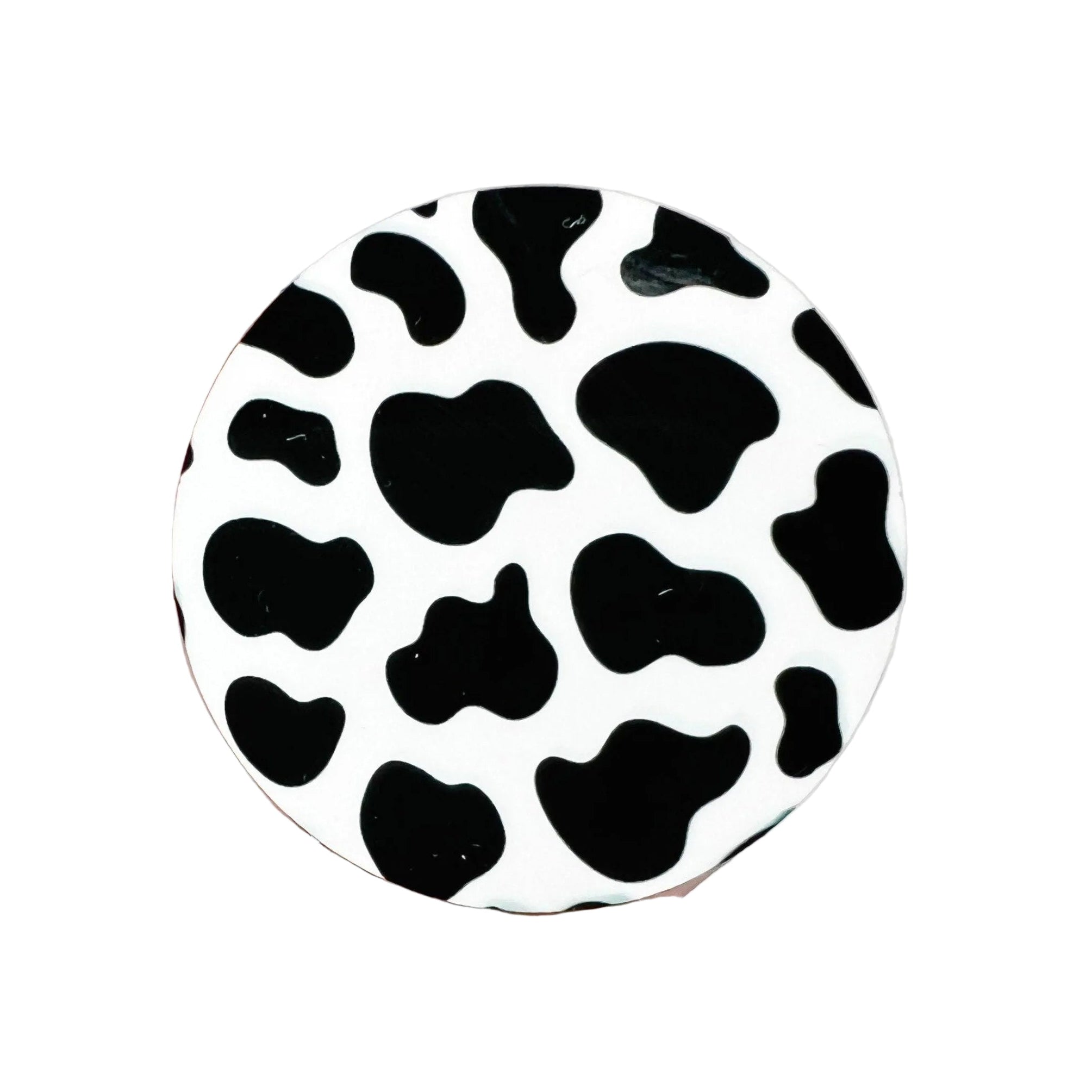 Cow print hard board add-on featuring a classic black and white western animal print design, compatible with interchangeable badge reel bases and perfect as a western work badge accessory.