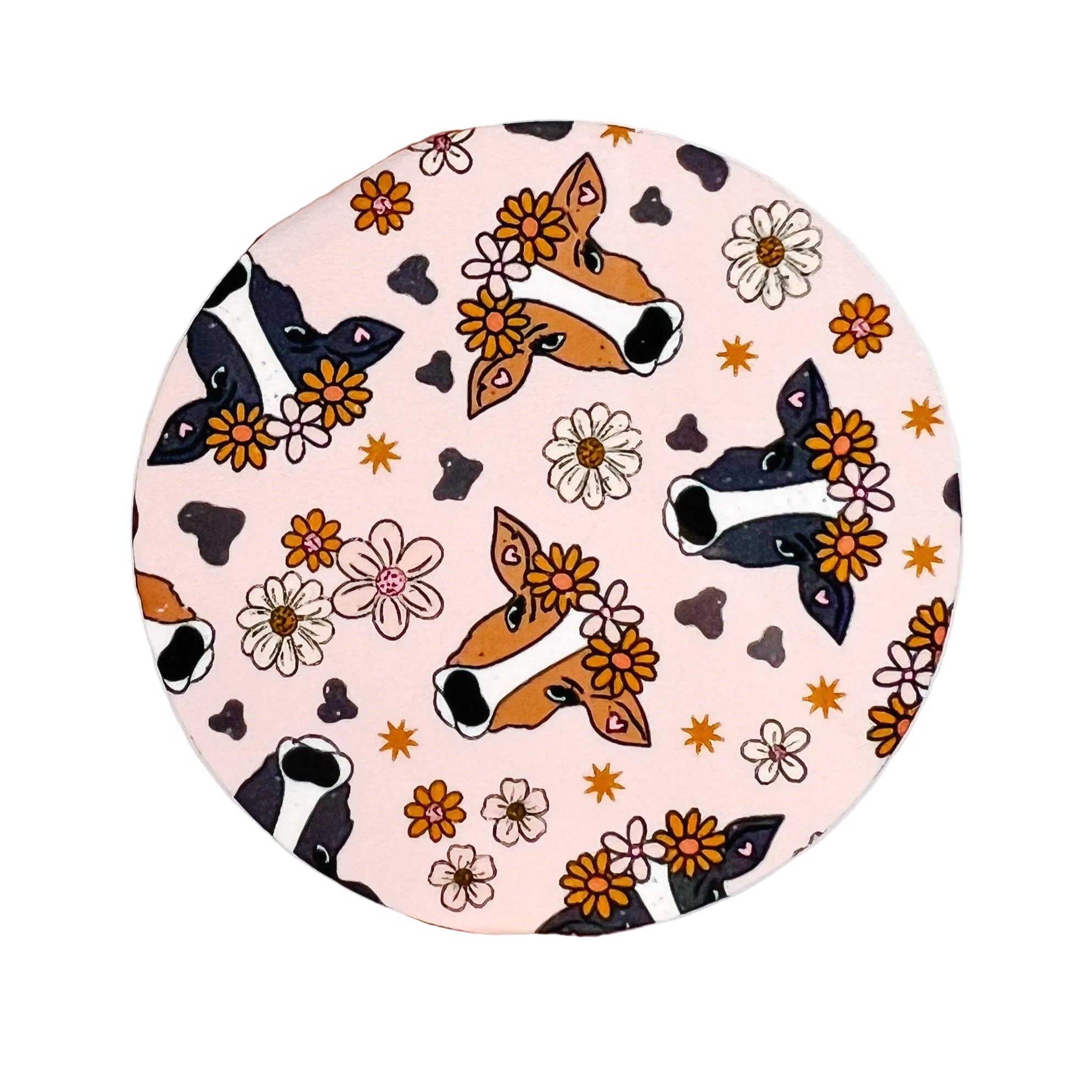 Floral Cow Pattern hard board add-on featuring cute cow faces with daisy flower crowns, floral accents, stars, and cow print, compatible with interchangeable badge reel bases.