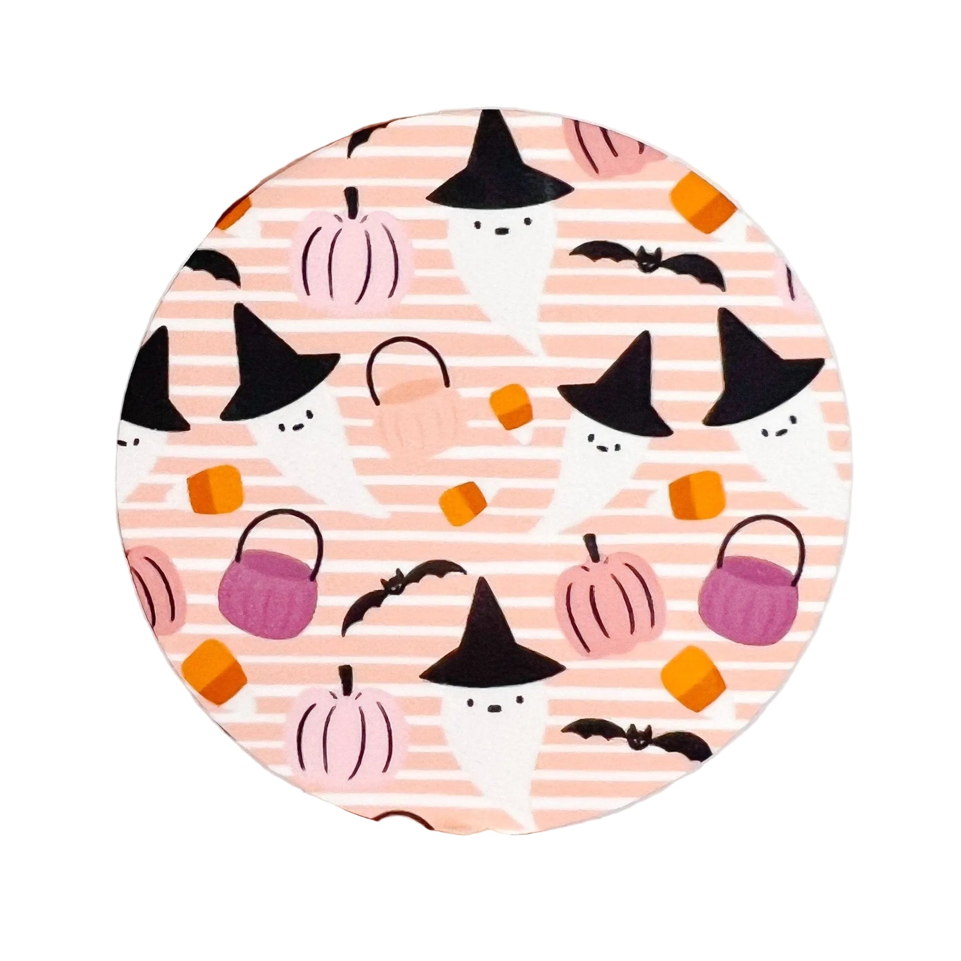 Witch Ghost hard board add-on featuring ghosts in witch hats with pumpkins, candy corn, bats, and trick-or-treat buckets on a pink striped background, compatible with interchangeable badge reel bases.